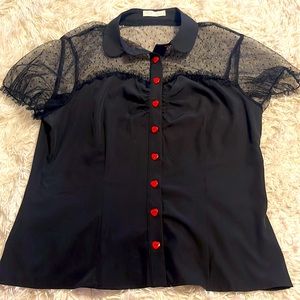 NWOT Black & lace blouse with red heart buttons ♥️